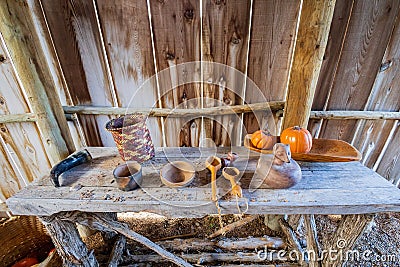 Antique traditional house display in the Chickasaw Cultural Center Editorial Stock Photo