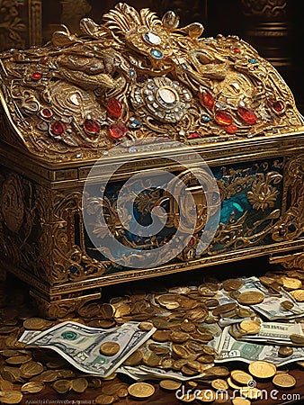 antique treasure chest with coins Stock Photo