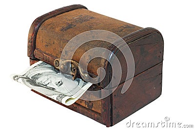 Antique treasure chest with dollar bill Stock Photo