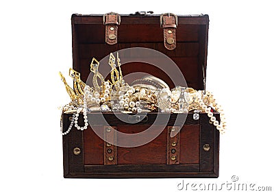 Antique Treasure Chest FIlled with Gold Silver DIamond Treasures on a White Background Stock Photo