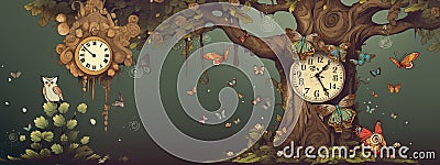 An antique tree with a clock inside surrounded by butterflies. AI Generated Stock Photo