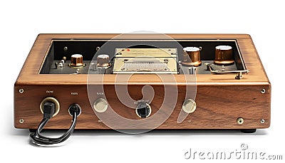 Antique turntable with metallic knobs and steel handle on wood generated by AI Stock Photo