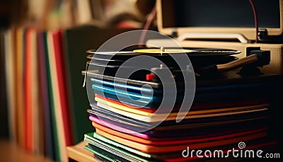 Antique turntable stack, multi colored patterned audio equipment generative AI Stock Photo