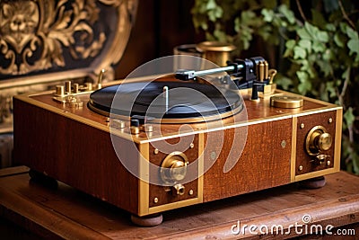 antique turntable with wooden finish and brass details Stock Photo