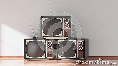 Antique TV sets on wooden floor, Stock Photo