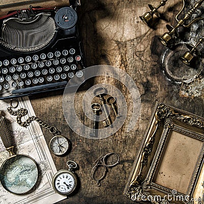 Antique typewriter vintage office tools still life Stock Photo