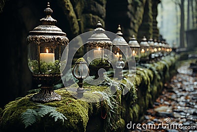 Antique urns stand sentry on a mossy stone barrier under twilight hues Stock Photo