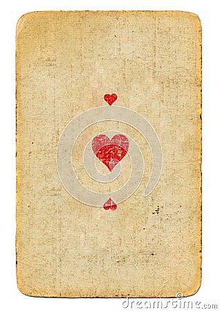 Antique used playing card ace of hearts paper background with three symbols Stock Photo