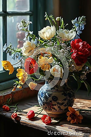 An antique vase full of colorful flowers Stock Photo