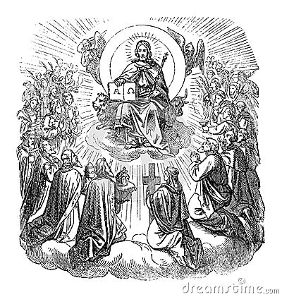 Vintage Antique Religious Biblical Drawing or Engraving of Jesus Christ Sitting on Throne as King in Haven Surrounded by Vector Illustration