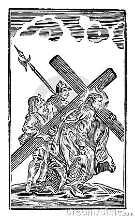 Vintage Antique Religious Allegorical Biblical Drawing or Engraving of 5th or Fifth Station of the Cross or Way of the Vector Illustration