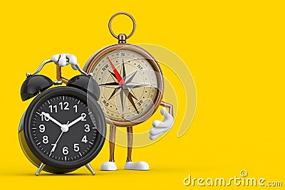 Antique Vintage Brass Compass Cartoon Person Character Mascot with Alarm Clock. 3d Rendering Stock Photo