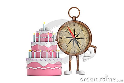 Antique Vintage Brass Compass Cartoon Person Character Mascot with Birthday Cartoon Dessert Tiered Cake and Candles. 3d Rendering Stock Photo