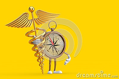 Antique Vintage Brass Compass Cartoon Person Character Mascot with Golden Medical Caduceus Symbol. 3d Rendering Stock Photo