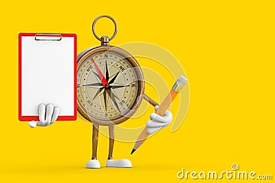 Antique Vintage Brass Compass Cartoon Person Character Mascot with Red Plastic Clipboard, Paper and Pencil. 3d Rendering Stock Photo