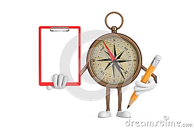 Antique Vintage Brass Compass Cartoon Person Character Mascot with Red Plastic Clipboard, Paper and Pencil. 3d Rendering Stock Photo