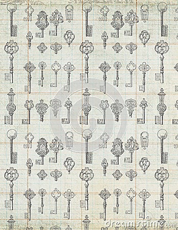 Antique Vintage Keys on ledger paper background Stock Photo