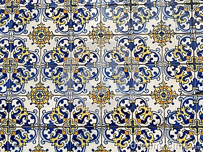 Antique Vintage Macau Mosaic Ceramic Tile Portuguese Azulejos de Portugal Porcelain China Hand-Painted Floral Pattern Editorial Stock Photo
