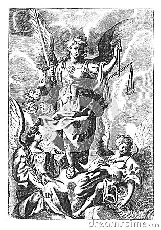 Vintage Antique Religious Allegorical Drawing or Engraving of Archangel Gabriel With Scale and Sword and Two More Angels Stock Photo