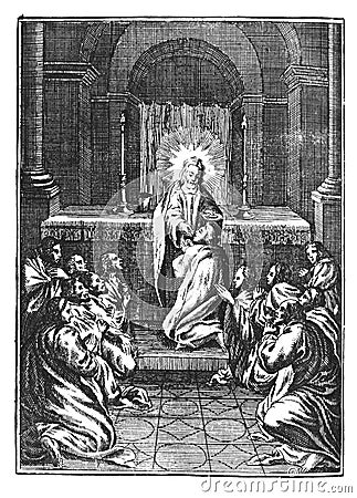 Vintage Antique Religious Drawing or Engraving of Jesus Christ in Church Giving Wafer to Twelve Praying Men or Apostles Stock Photo