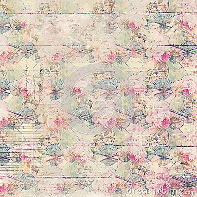 Antique vintage roses patterned background in pink and green spring colors Stock Photo