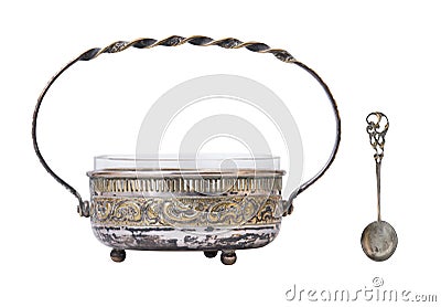 Antique vintage silver gilded sugar bowl and spoon isolated on white background Stock Photo