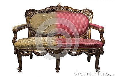 Antique Vintage sofa before and after restoration, in a single photo Stock Photo