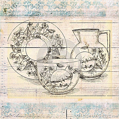 Antique vintage style shabby grungy floral wall art with tea up and jug Stock Photo