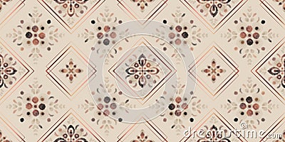 Earth tones seamless pattern, digital watercolor floral mosaic with rose gold square frames Stock Photo