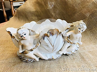 Antique Vintage Victorian Cherub and Cabbage Planter with Gold Trim Stock Photo