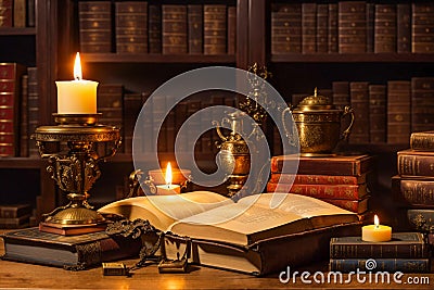 Antique volumes in the library illuminated by candles Stock Photo