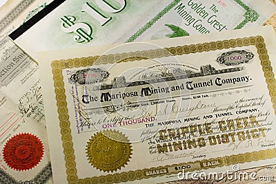 Antique Western Mining Stock Certificates Editorial Stock Photo