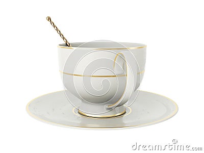 Antique white porcelain cup with gold, gold tea spoon on white. 3D Illustration Stock Photo