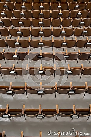 Antique Wood Auditorium Seats Above View From Behind Stock Photo