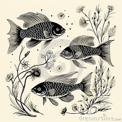 Harmony With Nature: Black And White Golden Age Illustration Of Fish And Plants Cartoon Illustration
