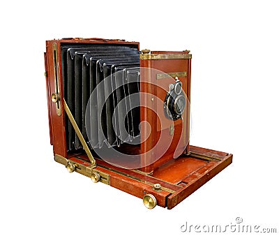 Antique wooden camera isolated. Stock Photo