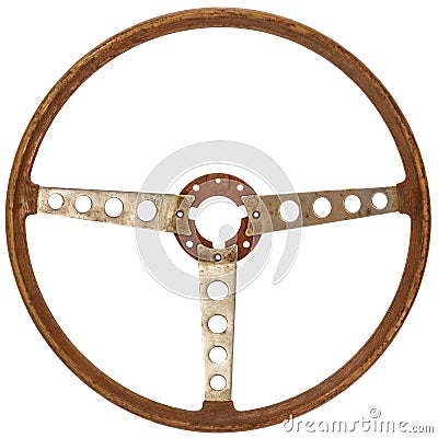 Antique wooden car steering wheel isolated on white Stock Photo