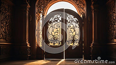 Antique, wooden door adorned with intricate ironwork surrounded by a glow of warm inviting light Stock Photo