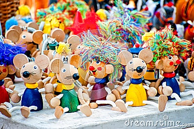 Antique wooden figurines toys at the fair Stock Photo