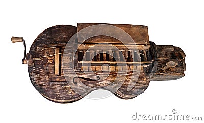 Antique wooden hurdy-gurdy cutout on white Stock Photo