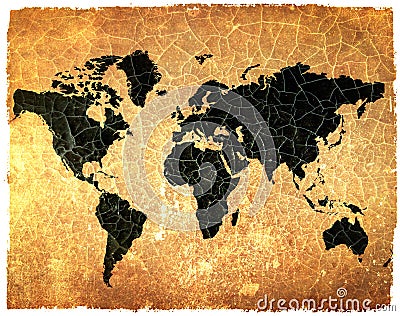 Antique world map on grunge cracked paper Stock Photo