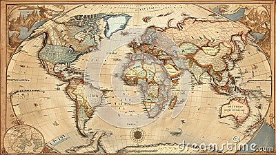 Antique world map with highlighted routs Stock Photo