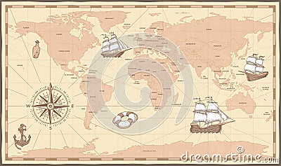 Antique world map. Vintage compass and retro ship on ancient marine map. Old countries boundaries vector illustration Vector Illustration