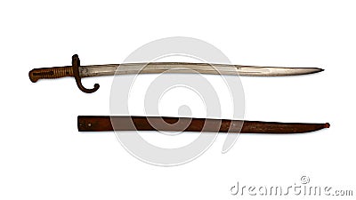 1867 French Yataghan Sword Bayonet on White Background Stock Photo