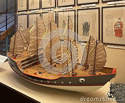Antique Zheng He`s Armada Epic Voyage Vessel Model China Fishing Boat Fisherman Boat Education Display History Heritage Editorial Stock Photo