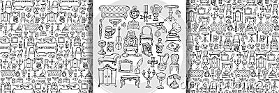 Antiques doodle objects set and seamless patterns Vector Illustration