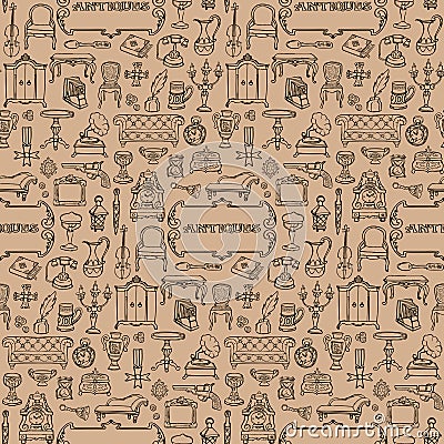 Antiques Doodle Seamless Pattern Vector Illustration