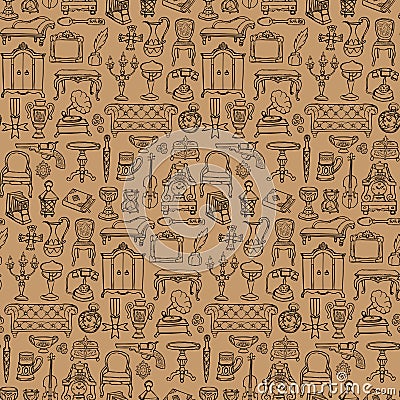 Antiques Doodle Seamless Pattern Vector Illustration