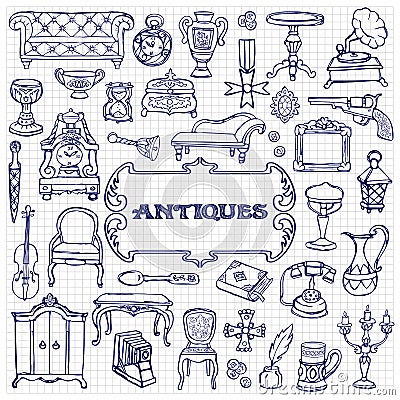 Antiques Doodle Set Vector Illustration