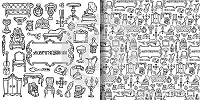 Antiques doodle set and seamless pattern Vector Illustration